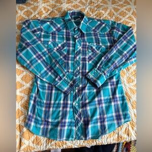 Vintage Mens Western Shirt, Wrangler Light Blue & Yellow Plaid Mens L